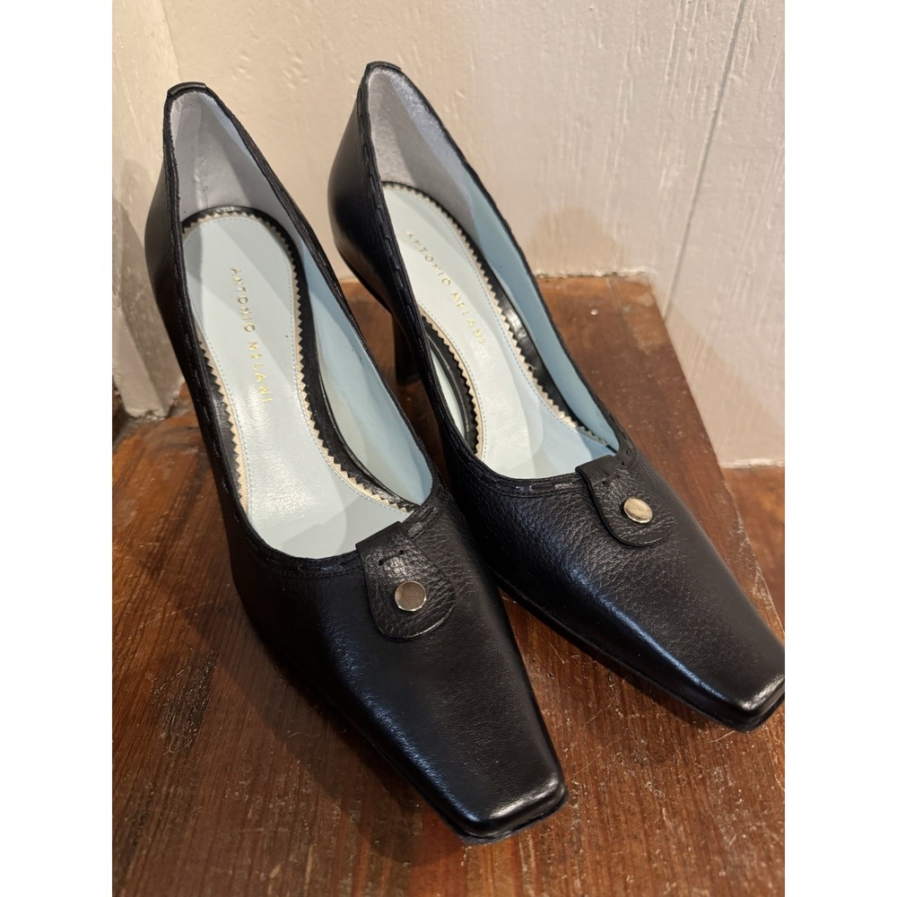 Antonio Melani Women's Sz 8.5M Black Square Toe Heel Gold Button Accent EUC